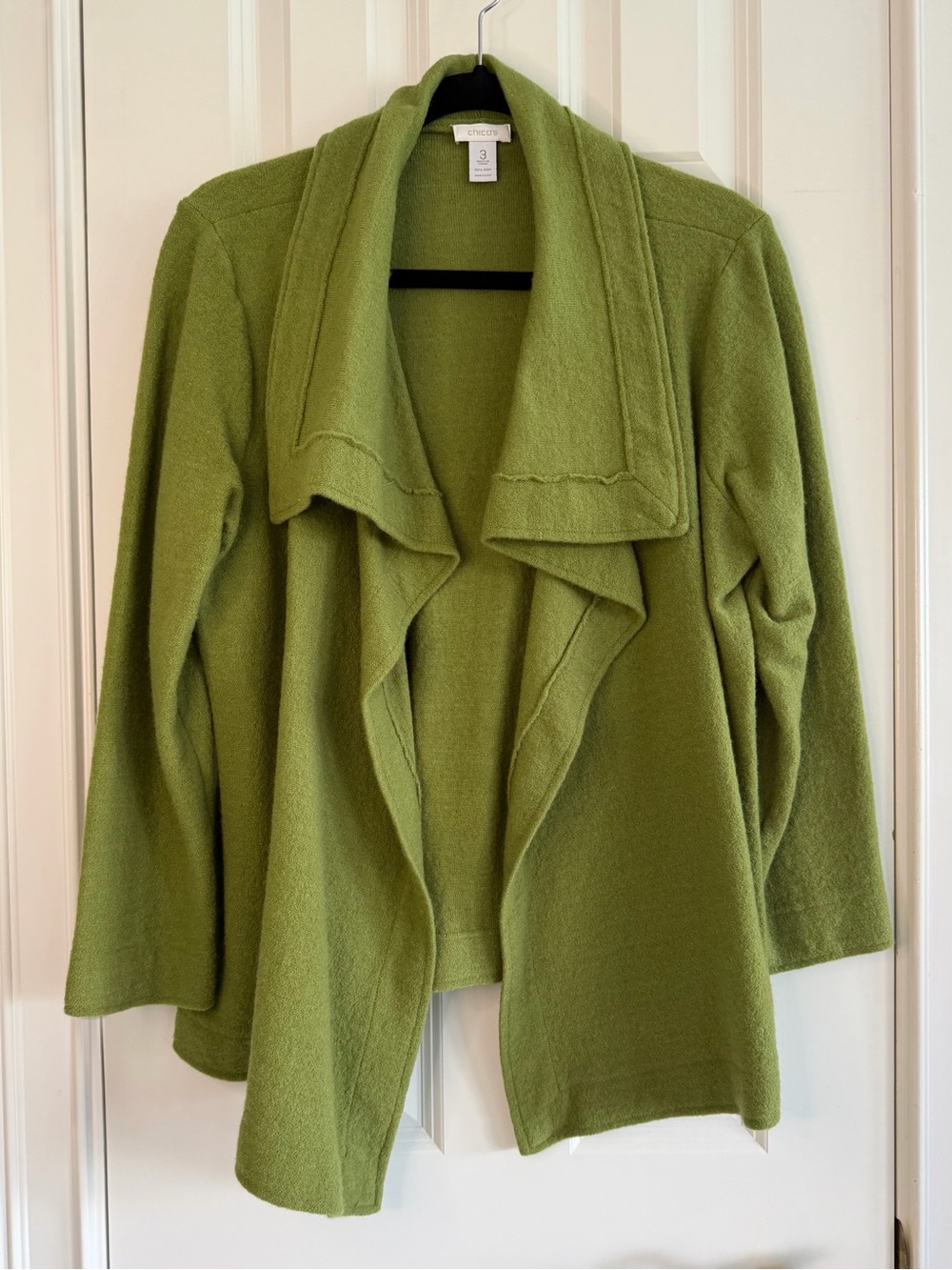 Chico's Olive Green Open-Front Draped 100% Wool Cardigan, size 3, NWOT